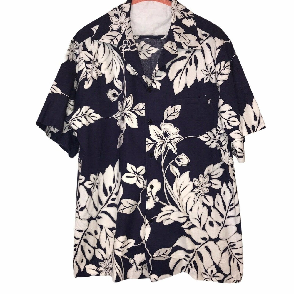 Vintage Hilo Hatties Blue White Floral Hawaiian Mens Shirt Size XL